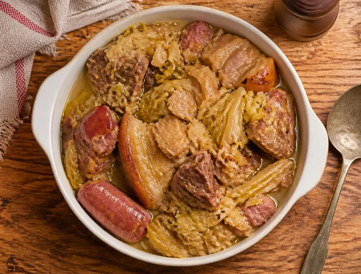 Cassœula servita in una ciotola di ceramica bianca