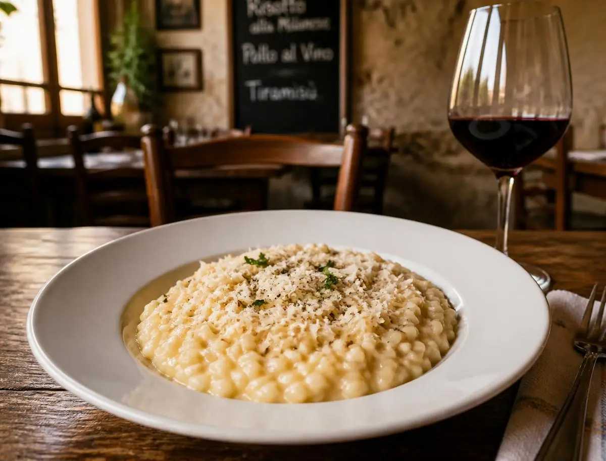 Risotto mantecato con un calice di vino rosso